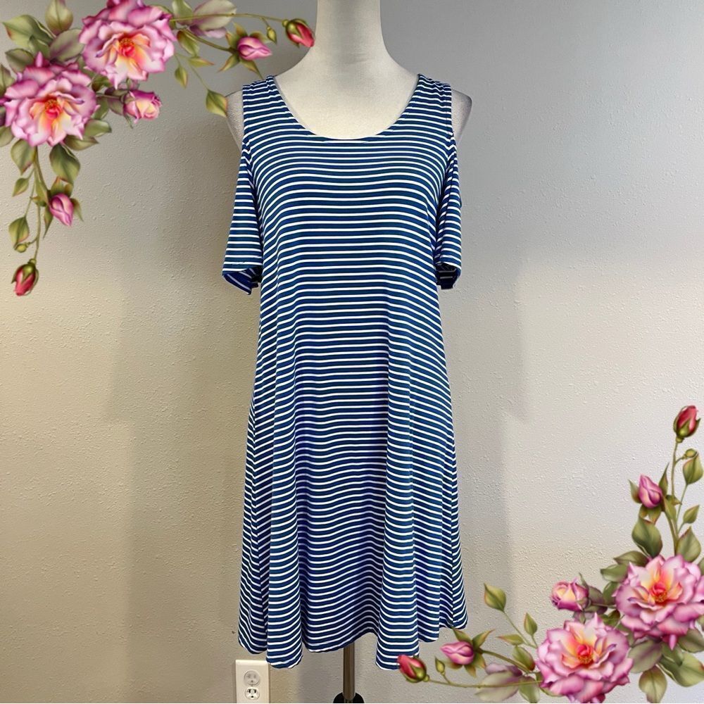 Cupid cold Shoulder Short Sleeve Blue and White knee length Striped Dress